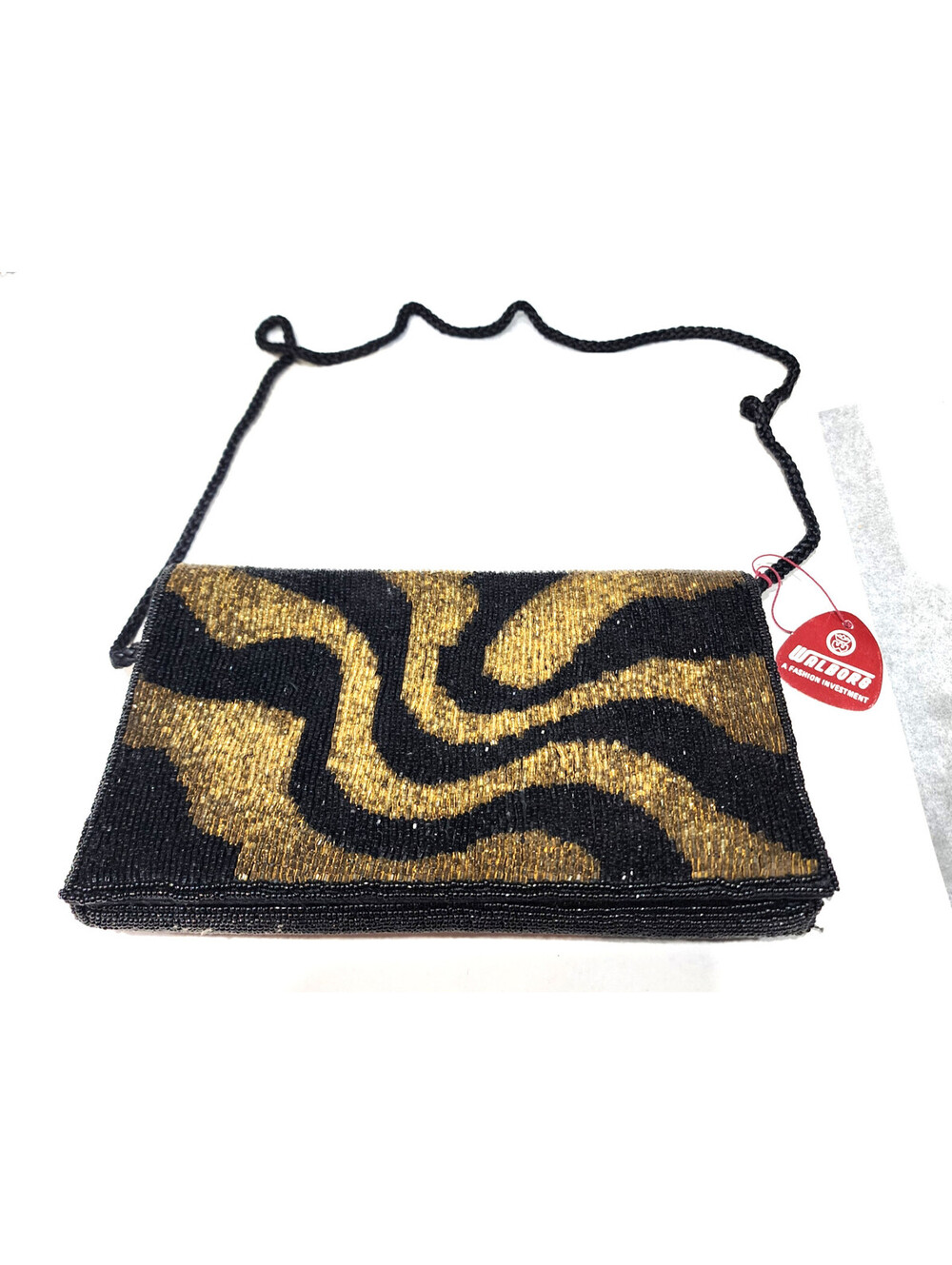 Vintage Walborg Black Gold Beaded Clutch Shoulder Bag Swirl 70s Macau NWT New